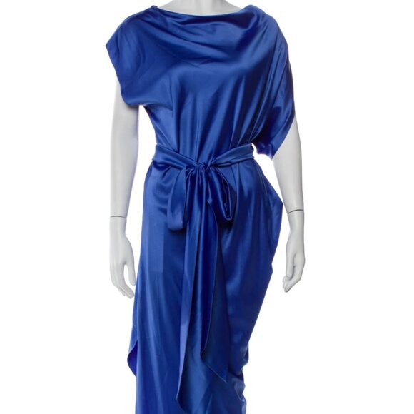 Just Bee Queen Blue Satin Cowl Neck Asymmetrical Dress Sz Medium - Picture 1 of 9